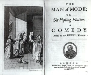 Frontispiz und Titelseite für Der Mann von Mode, oder Sir Fopling Flutter von George Etherege, veröffentlicht 1715
